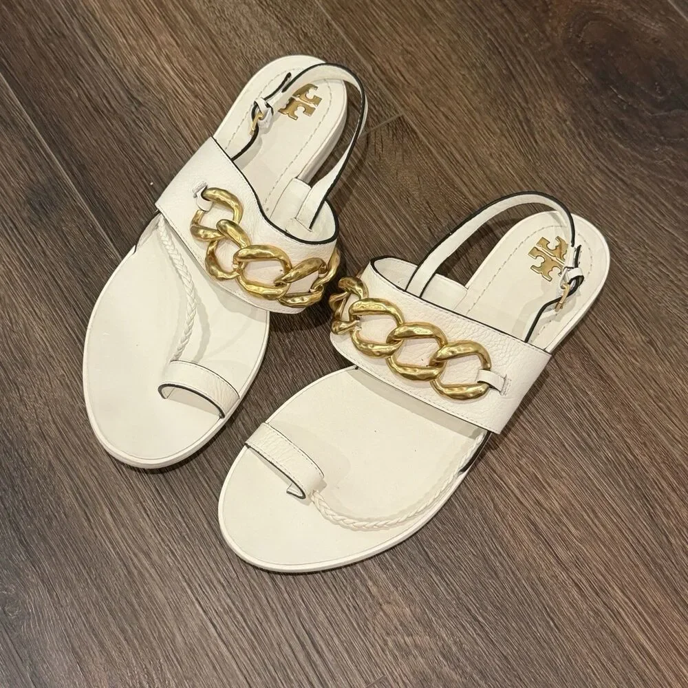 Tory Burch Adrien Sandals 7.5M Ivory White Leather Gold Chain Flat Toe Ring